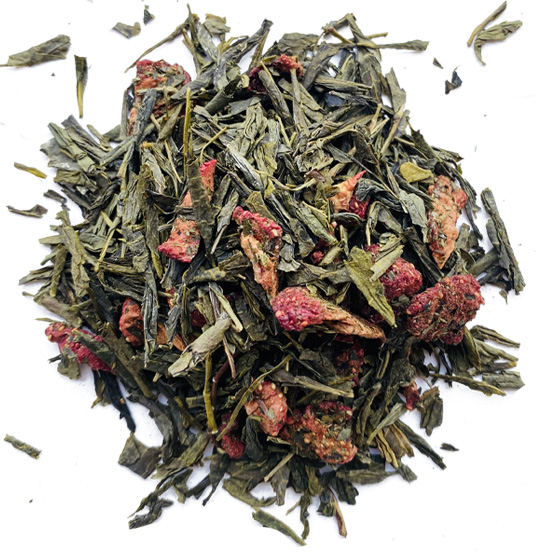 Zielona herbata Sencha Strawberry Leo Tea – zielona liściasta herbata z aromatem truskawkowym i liofilizowanymi kawałkami truskawek, dostępna w różnych wariantach opakowań
